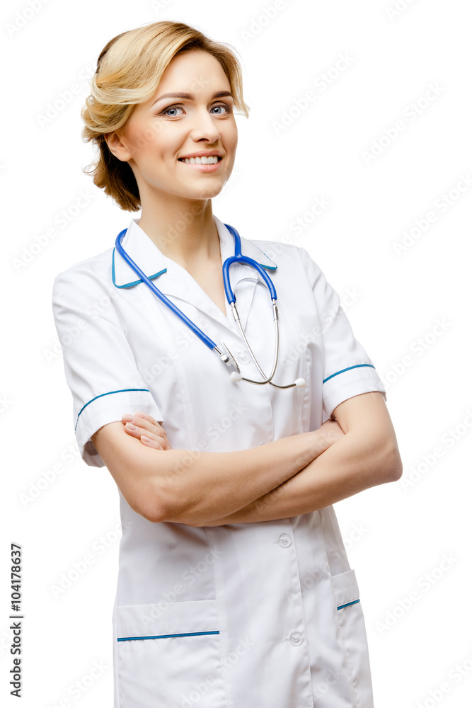 Woman doctor standing on white background Woman doctor standing on white background
