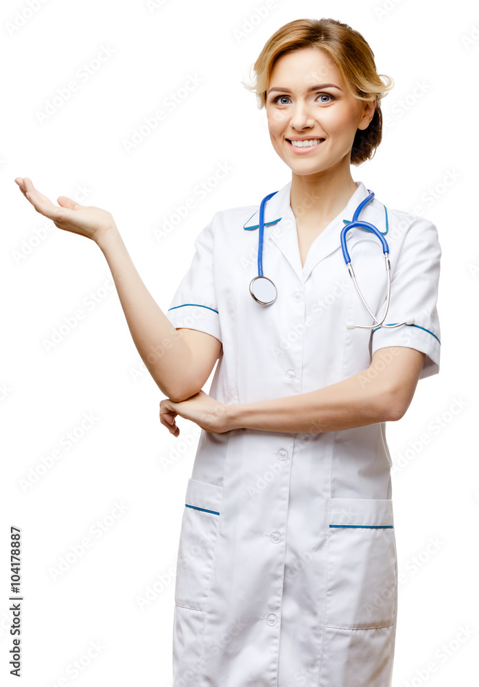 Woman doctor standing on white background Woman doctor standing on white background
