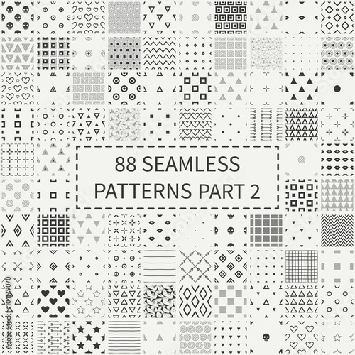 Mega set of 88 monochrome geometric universal different seamless decorative patterns. Wrapping paper. Scrapbook paper. Tiling. Vector backgrounds collection. Endless graphic texture ornaments.