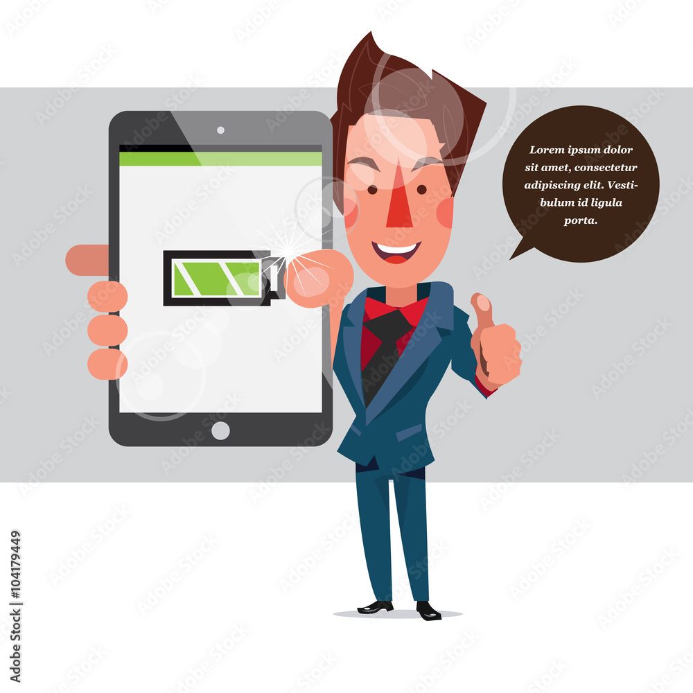 smart man holding tablet with full battery - vector smart man holding tablet with full battery - vector
