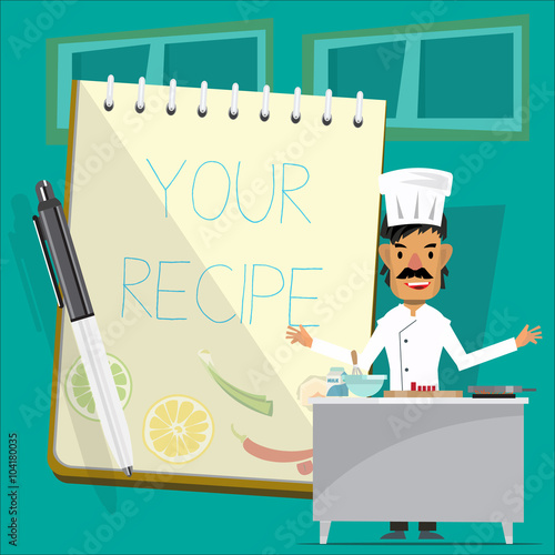 chef charcter with recipe paper and pen. kitchenroom - vector photo