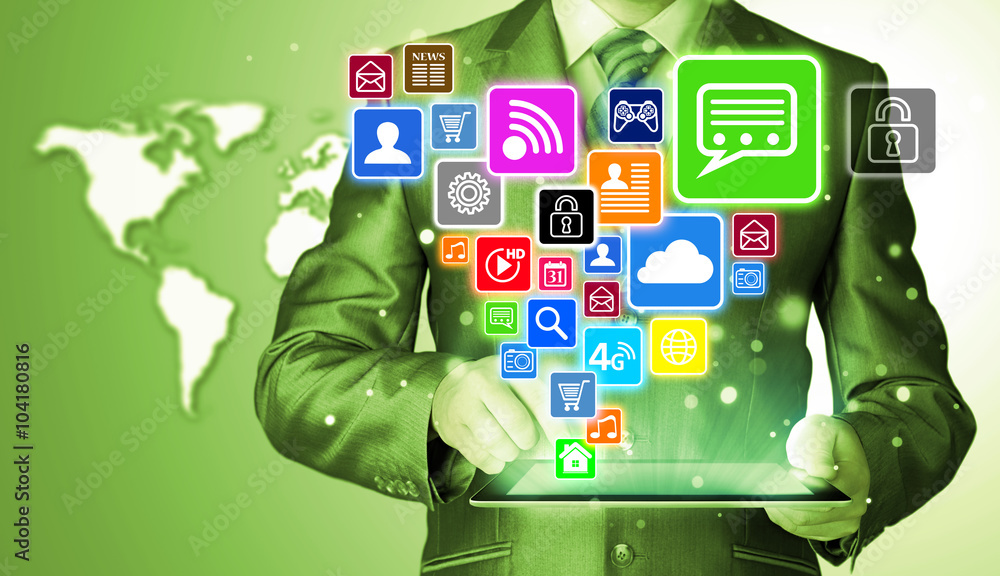 Business man using tablet PC with social media icon set Business man using tablet PC with social media icon set