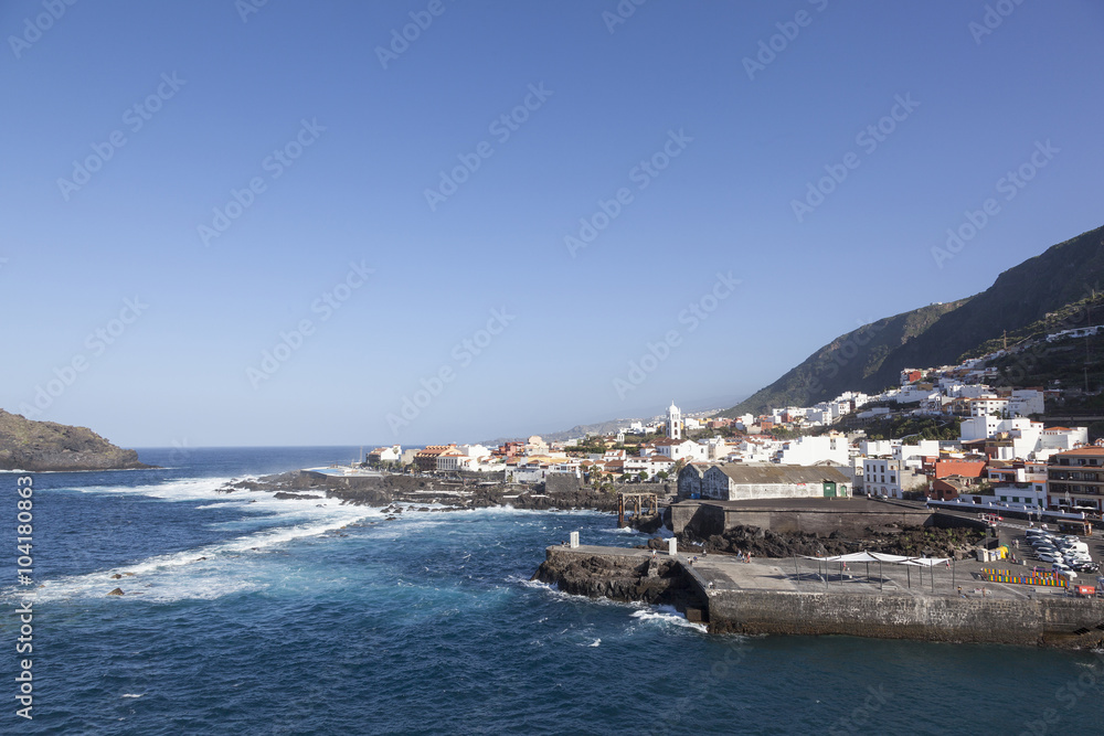 town of garachico on rocky north coast of Tenerife with view ove