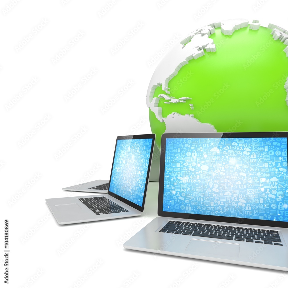 Laptop network around earth globe. 3d render Laptop network around earth globe. 3d render