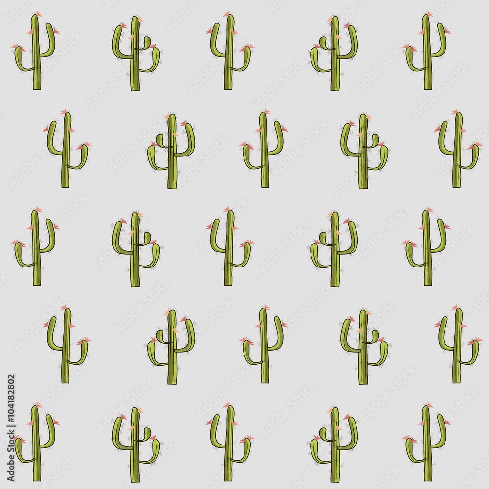 Texture, green cactus on a light blue background, red flowers. Design element, design packaging, Wallpaper, vector Texture, green cactus on a light blue background, red flowers. Design element, design packaging, Wallpaper, vector