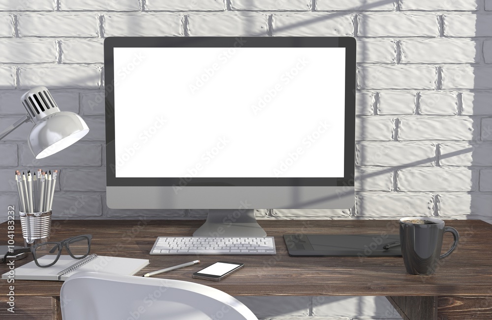 Fototapeta premium 3D illustration PC screen on table in office, Workspace