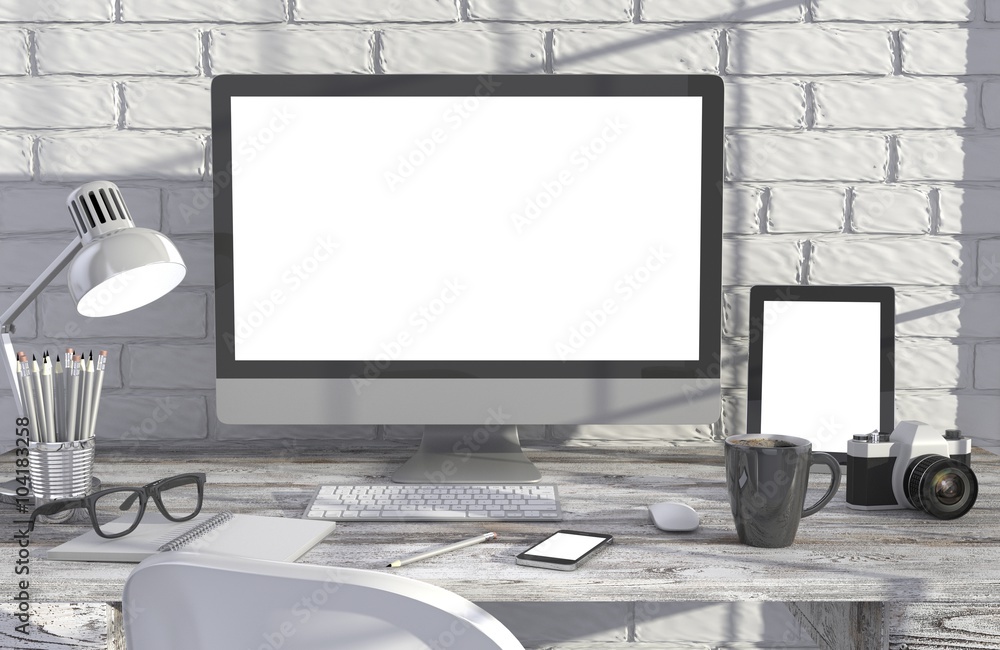 Fototapeta premium 3D illustration PC screen on table in office, Workspace