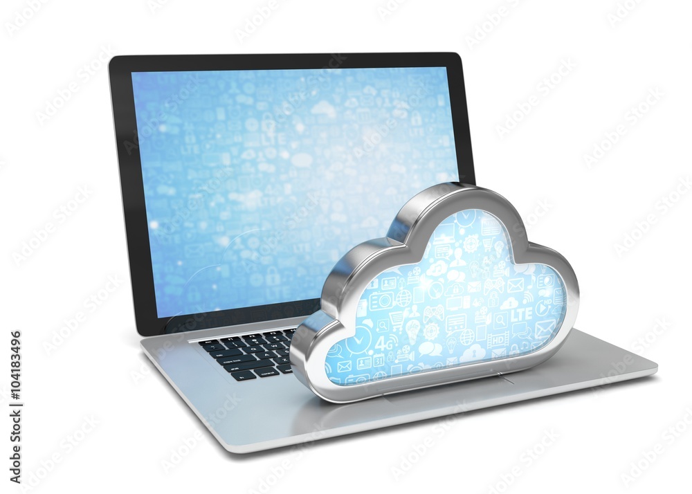 Laptop with cloud computing symbol on keyboard. 3d render Laptop with cloud computing symbol on keyboard. 3d render