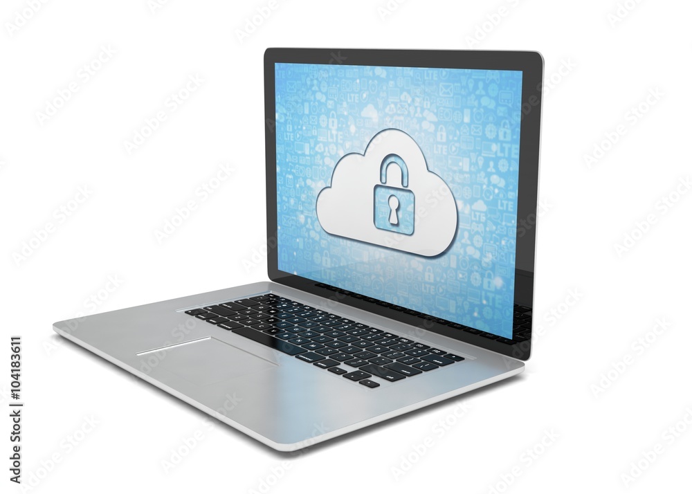 3d rendering of a laptop with cloud security concept 3d rendering of a laptop with cloud security concept