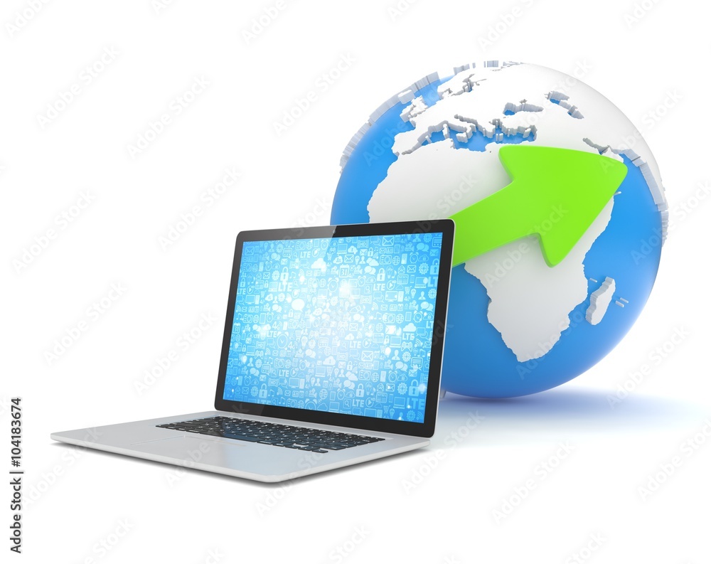 Laptop network and earth globe. 3d render Laptop network and earth globe. 3d render