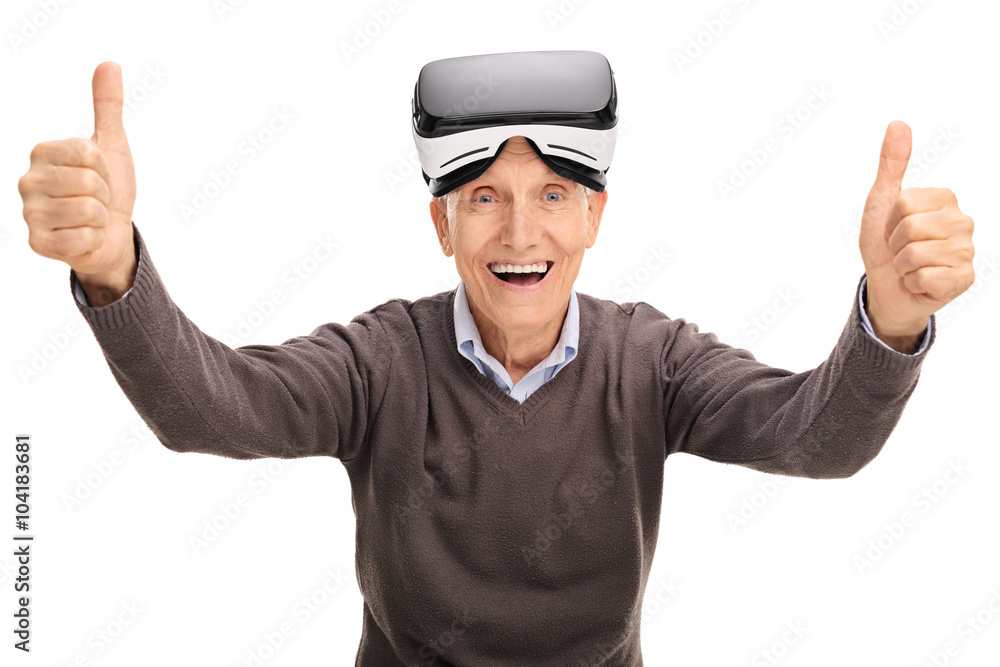 Senior giving thumbs up after using a VR headset Senior giving thumbs up after using a VR headset