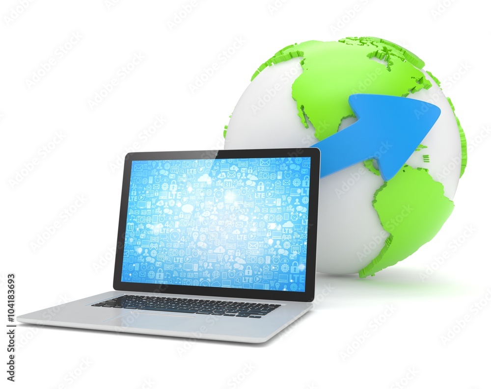 Laptop network and earth globe. 3d render