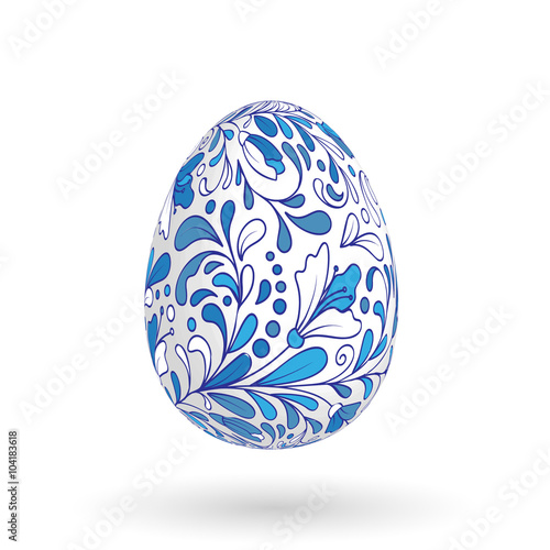 Easter egg with bright floral pattern. Vector illustration icon. Gzhel.