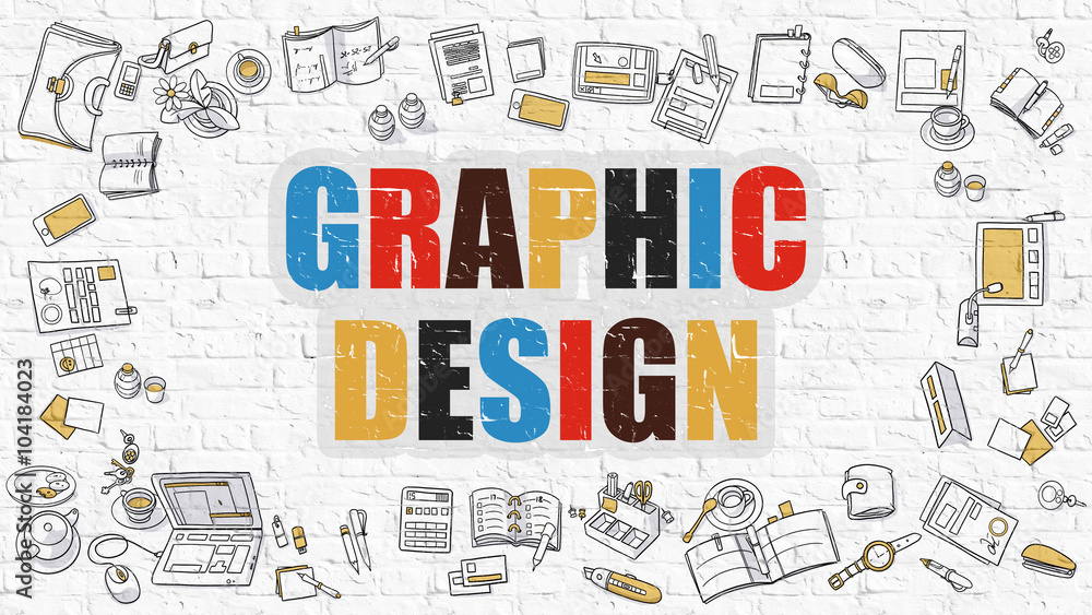 Graphic Design - Multicolor Concept with Doodle Icons Around on White Brick Wall Background. Modern Illustration with Elements of Doodle Design Style. Graphic Design - Multicolor Concept with Doodle Icons Around on White Brick Wall Background. Modern Illustration with Elements of Doodle Design Style.