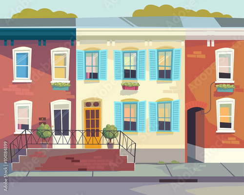 Front doors to the house.  Sunny city street . Cartoon style