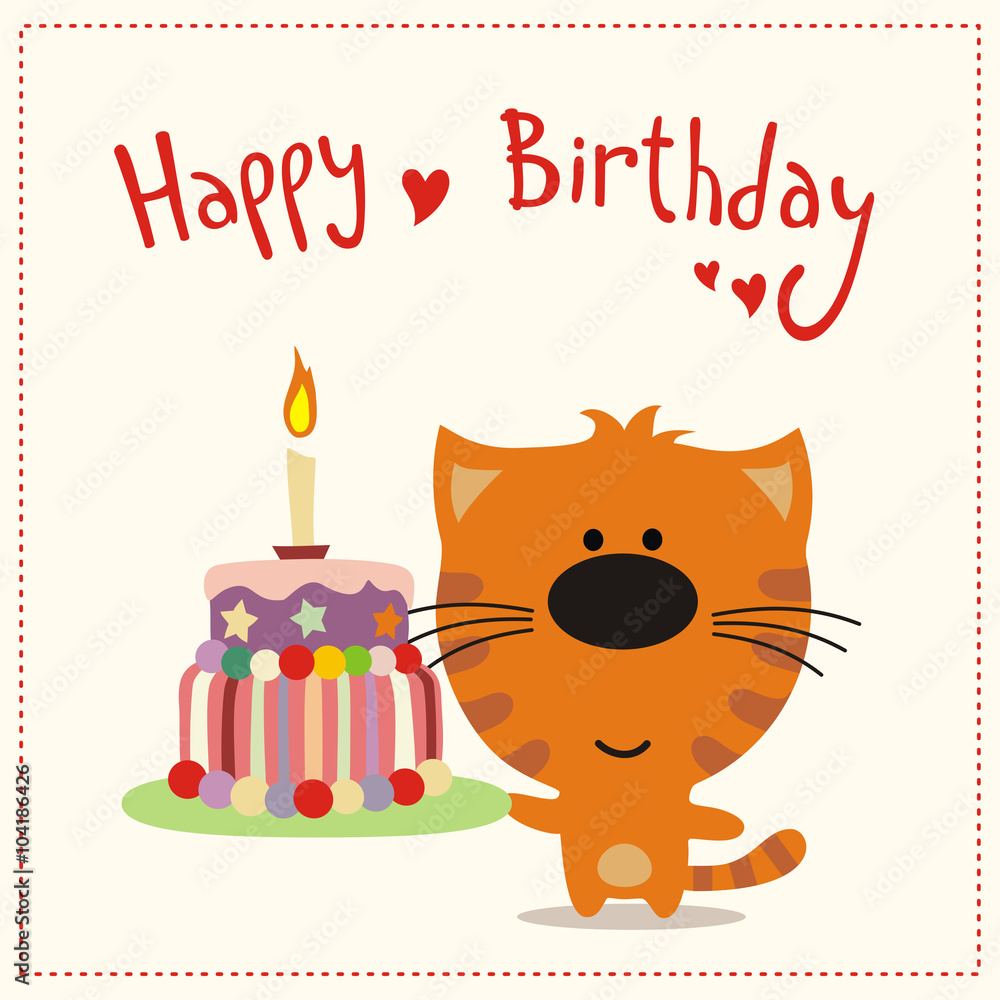 greeting card happy birthday cute kitten with birthday cake Stock ...