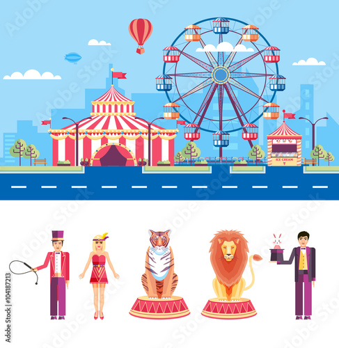Circus with animal trainers and magician