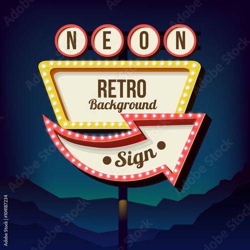 Vintage advertising road billboard with lights. Retro 3d sign.