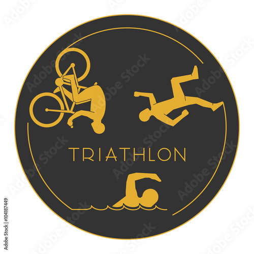Gold logo triathlon. Gold figures triathletes.