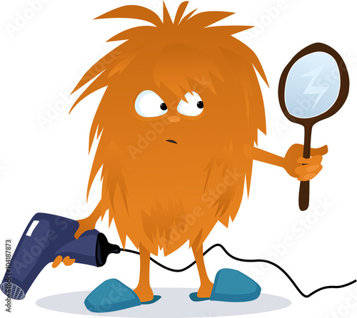 Funny shaggy cartoon creature holding a hair dryer and looking in a mirror, EPS 8 vector illustration, no transparencies
