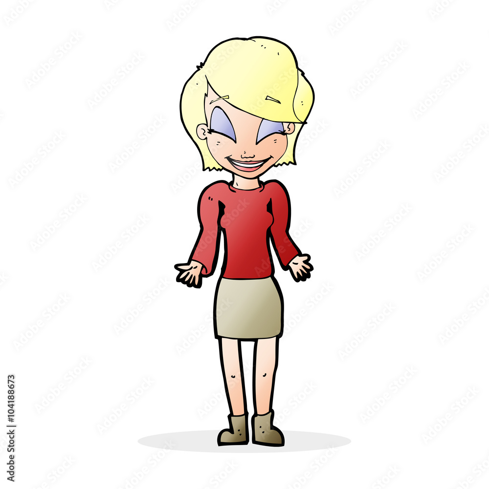 cartoon happy woman shrugging shoulders cartoon happy woman shrugging shoulders