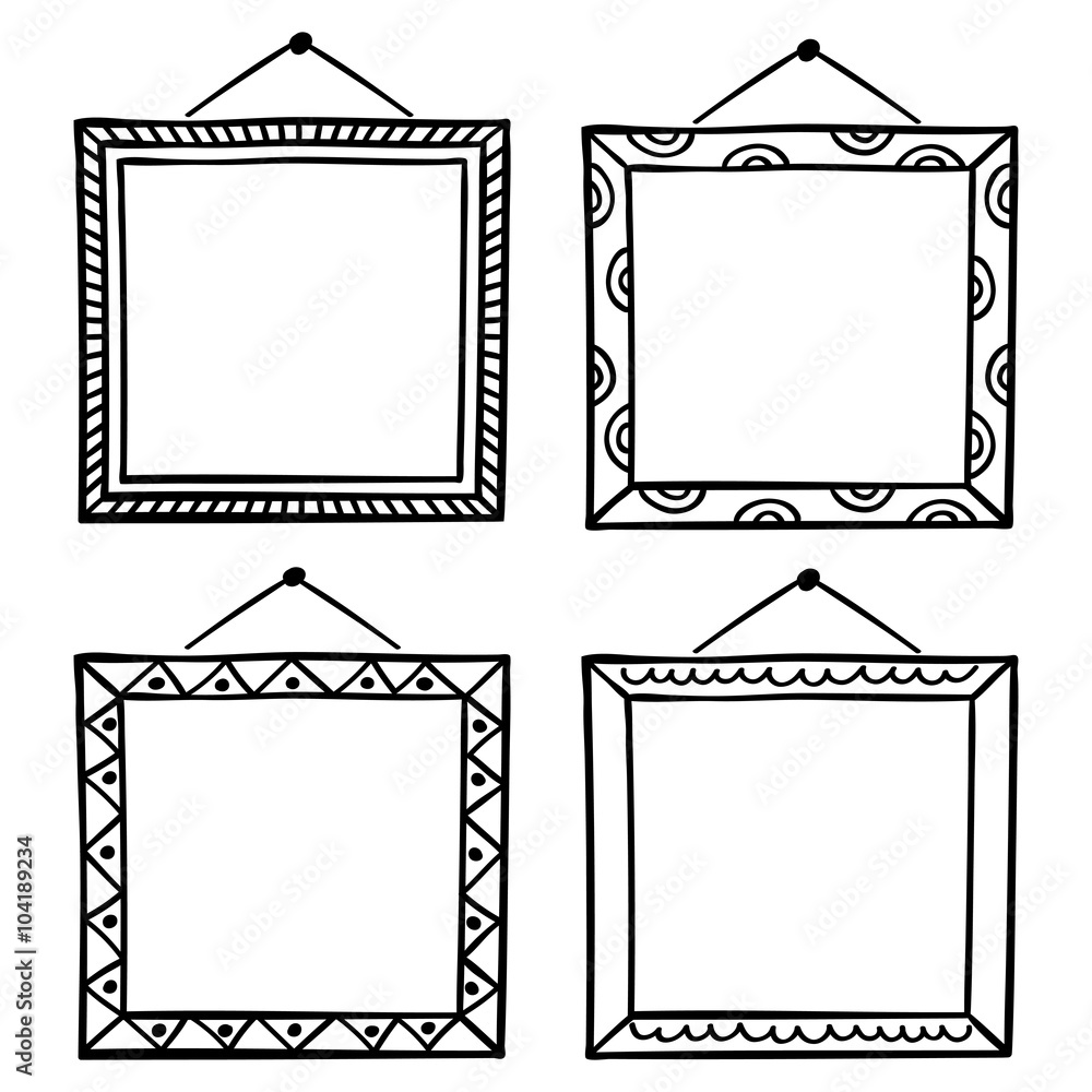 Vector set of hanging picture frames, hand drawn doodle style, isolated