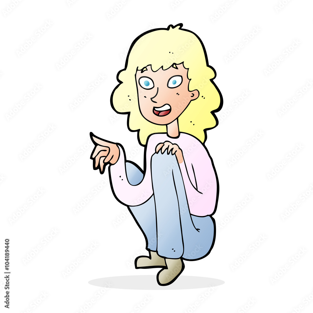 cartoon happy woman sitting and pointing cartoon happy woman sitting and pointing