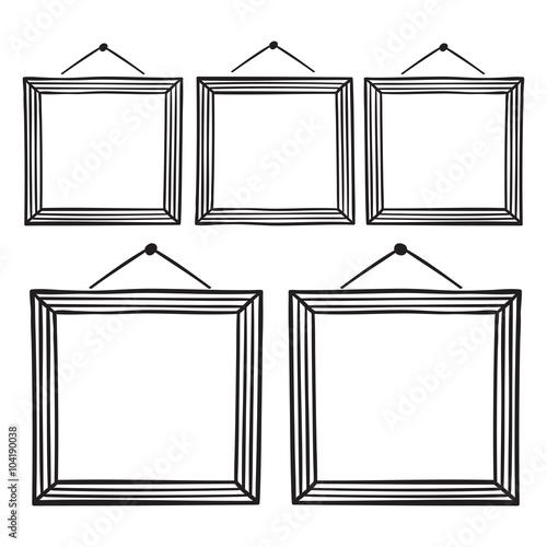 Vector set of hanging picture frames, hand drawn doodle style, isolated on white background.