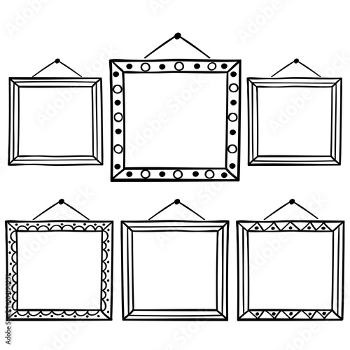 Vector set of hanging picture frames, hand drawn doodle style, isolated on white background.