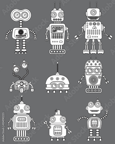 Set of cute vintage robots. Circuit Icons.