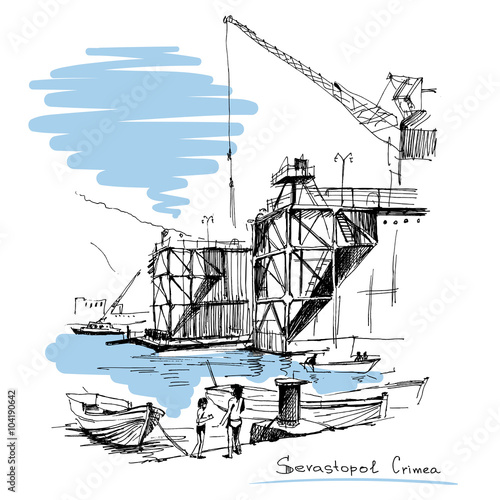 hand drawn landscapes with seaside view and the port