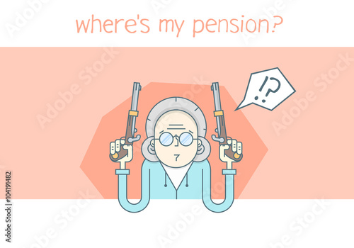 Grandmother cartoon character. Grandmother waiting for a pension. Grandmother looks for pension.  Grandmother outline art. Grandmother angry.  Grandmotherwith a gun