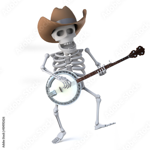 3d Cowboy skeleton dances while he plays the banjo ukulele photo