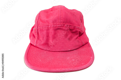 Red five panels cap on white background