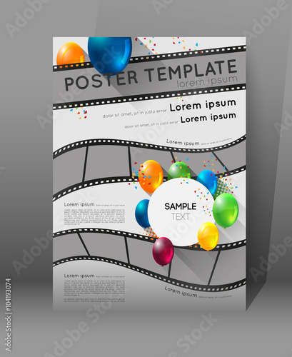 abstract movie poster template with film strips and colorful balloons