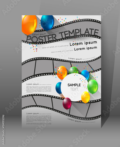 abstract movie poster template with film strips and colorful balloons