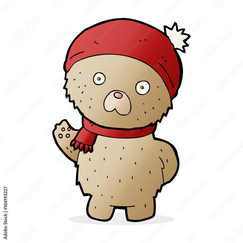 Fototapeta premium cartoon teddy bear in winter hat and scarf