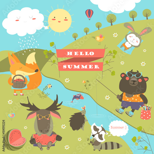 Set of cartoon characters and summer elements