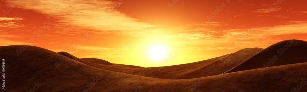 Fototapeta premium słońce nad wzgórzami, zachód słońca w pustynnym wschodzie słońca na wydmach
