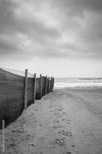 Winter beach panorama. Black ad white photo