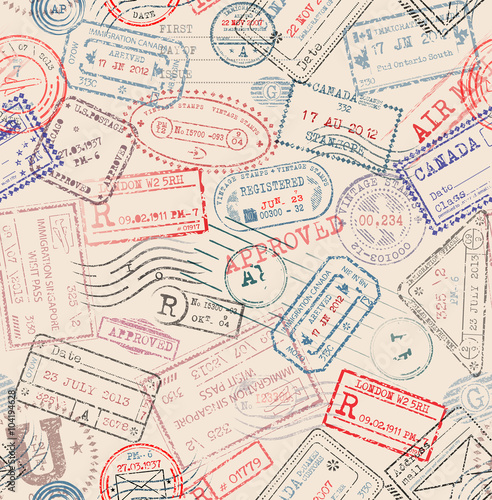 Seamless tiling postage themed pattern with vintage stamps