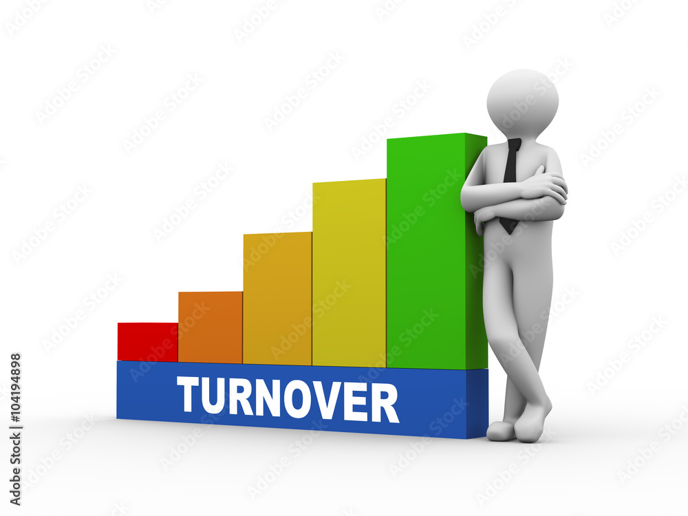 3d man with turnover growing business bars 3d man with turnover growing business bars