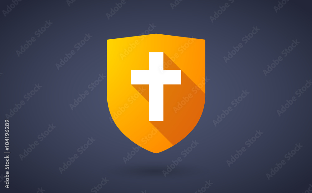 Long shadow shield icon with a christian cross Long shadow shield icon with a christian cross
