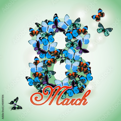 Postcard for holiday International Woman's Day with butterflies