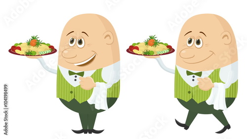 Fullhd 1920x1080 Progressive Seamlessly Looping Video, Waiters, Cartoon Characters in Uniform with Fried Potatoes and Fresh Vegetables, Coming to Serve Clients. Animated Elements. Alpha Matte Included