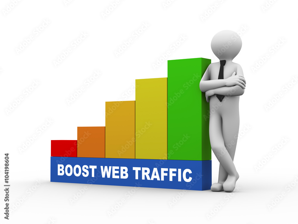 3d man with boost web traffic growing business bars 3d man with boost web traffic growing business bars