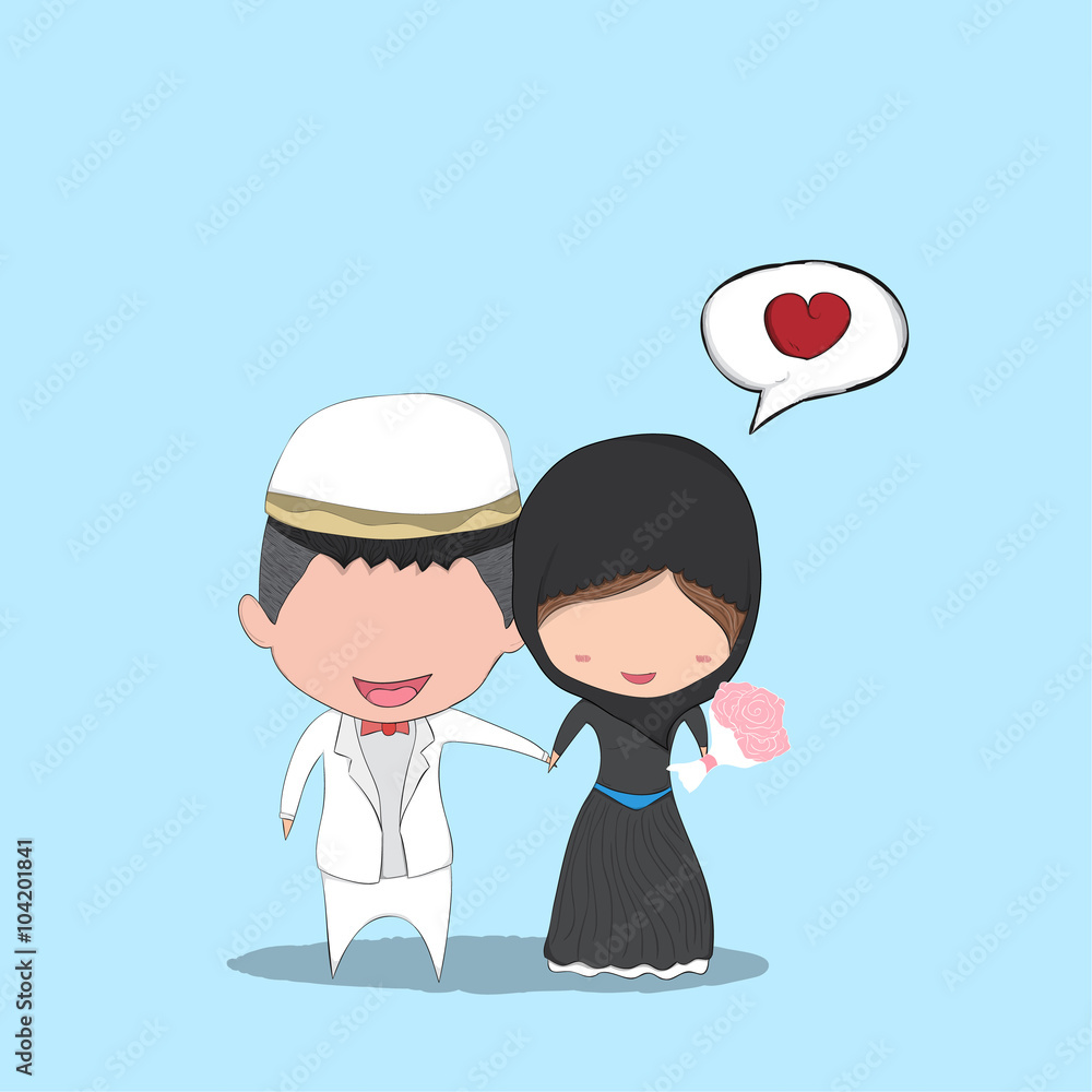 Cute cartoon Wedding couple men and women islam marriage, cute V Cute cartoon Wedding couple men and women islam marriage, cute V