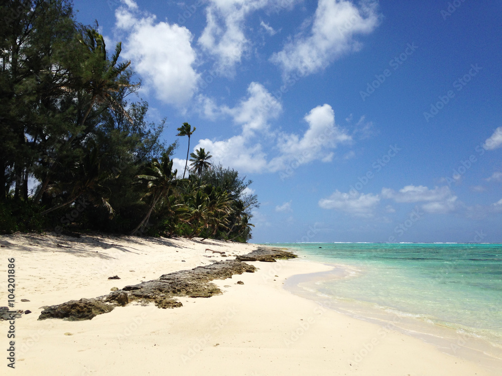 Playa paradisíaca de arena blanca corales y palmeras en la isla de Rarotonga, Islas Cook