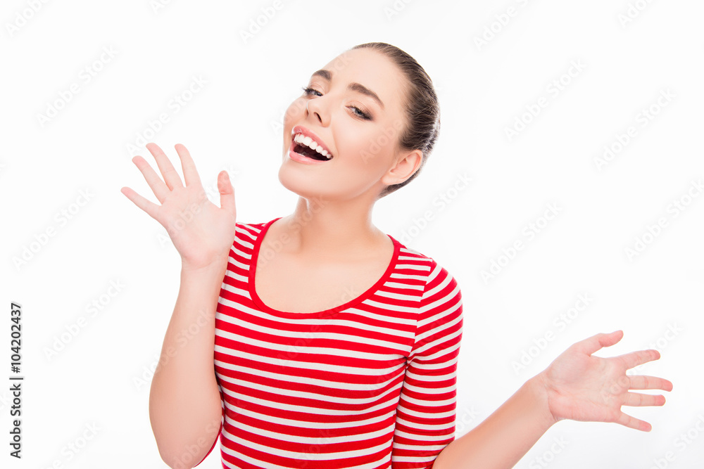 Portrait of surprised happy smiling girl gesturing with hands Portrait of surprised happy smiling girl gesturing with hands