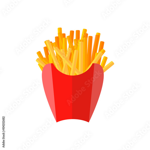 French fries flat icon. French fries in a red carton box. Junk food  in paper isolated on white background. Vector illustration of street food.